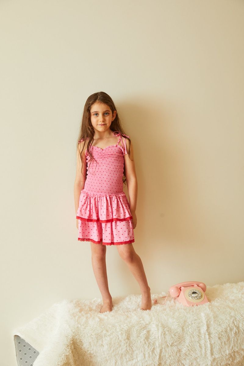 TH | Lola Pink With Red Hearts Satin Smocked Ruffle Dress