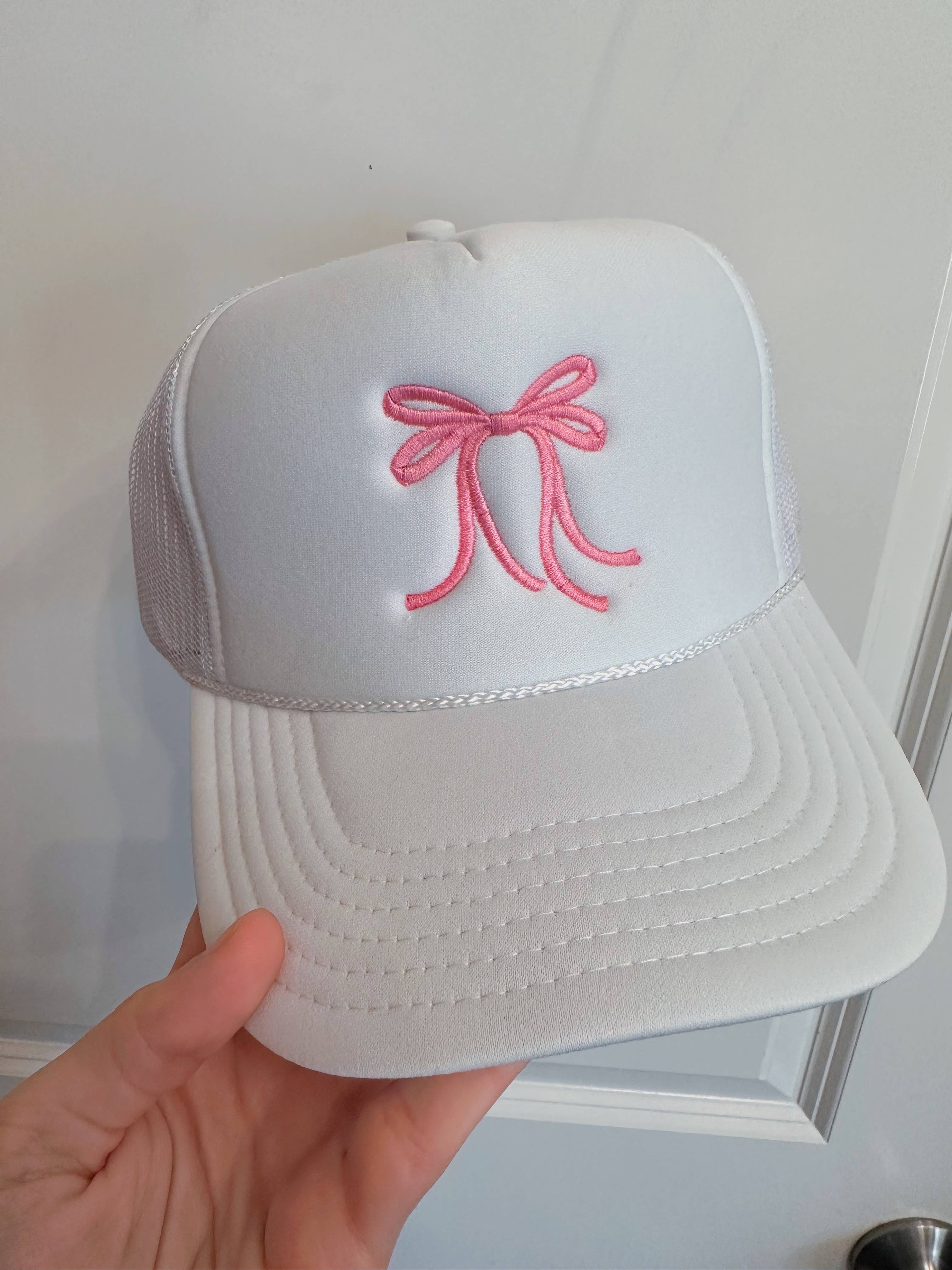 HH | White Pink Bow Trucker Hat Embroidery