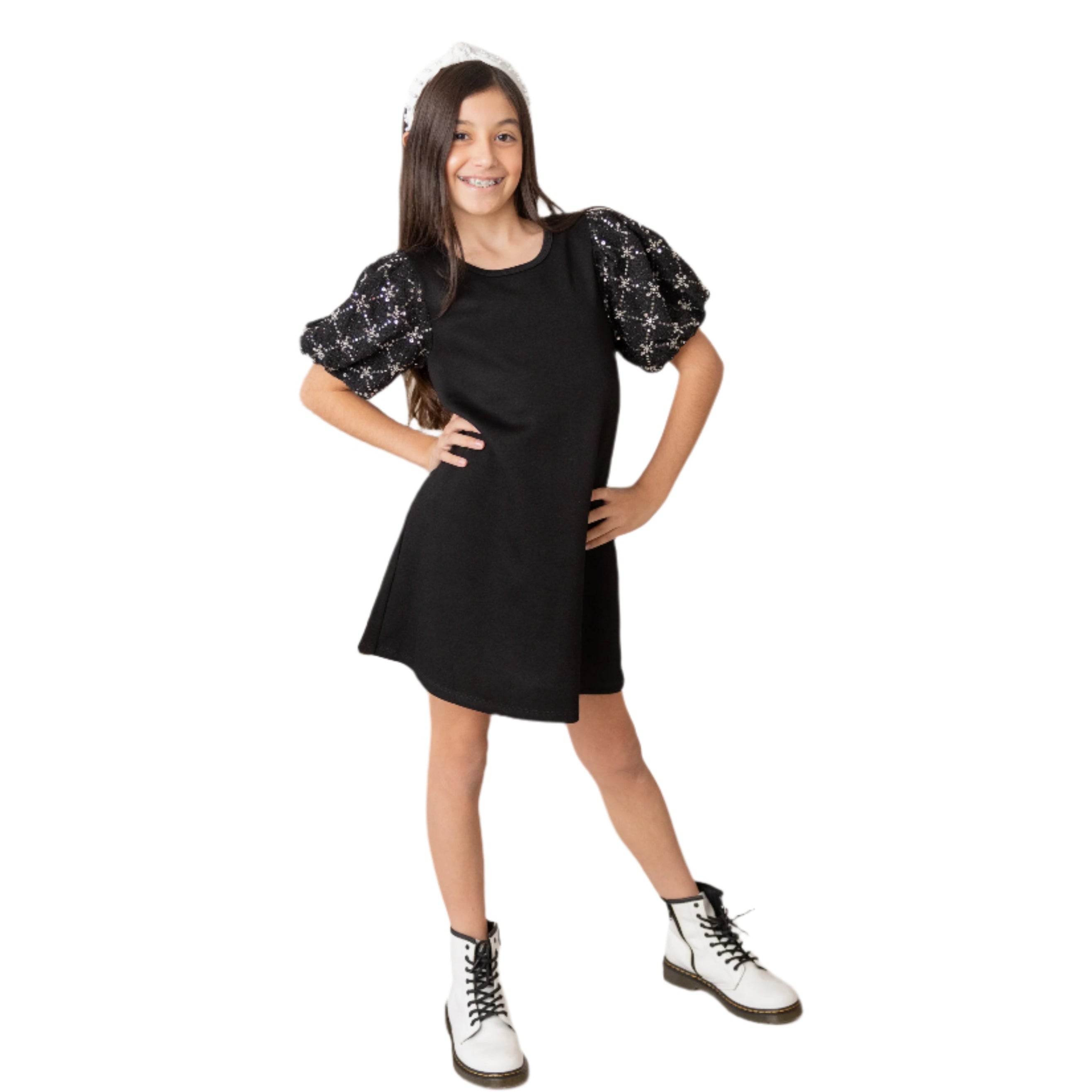 HB | Black Beaded Bubble Sleeve Shift Dress