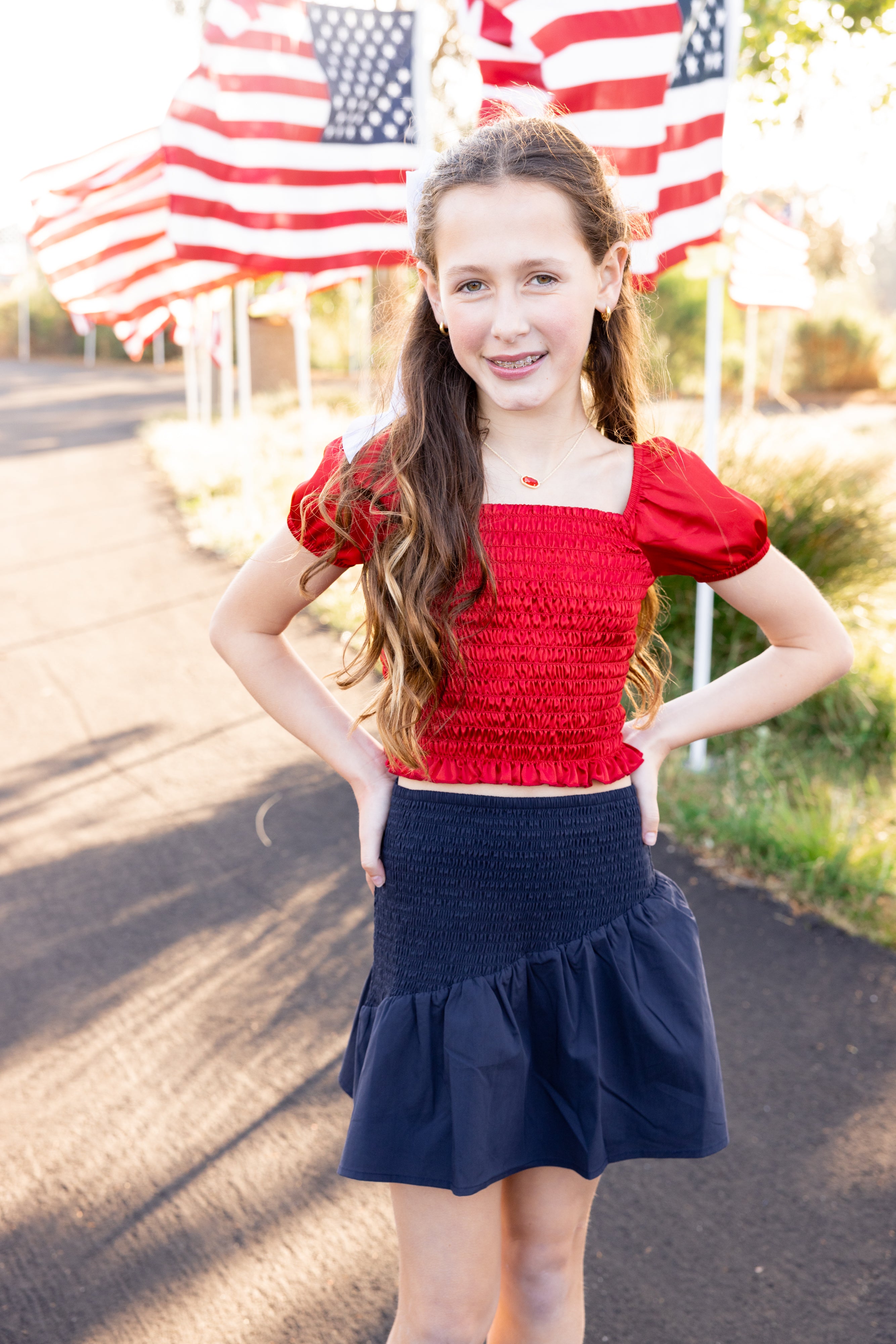 Fourth of July outfit inspo for tween and teens from leypop shoppe newport beach blue smocked mini skirt