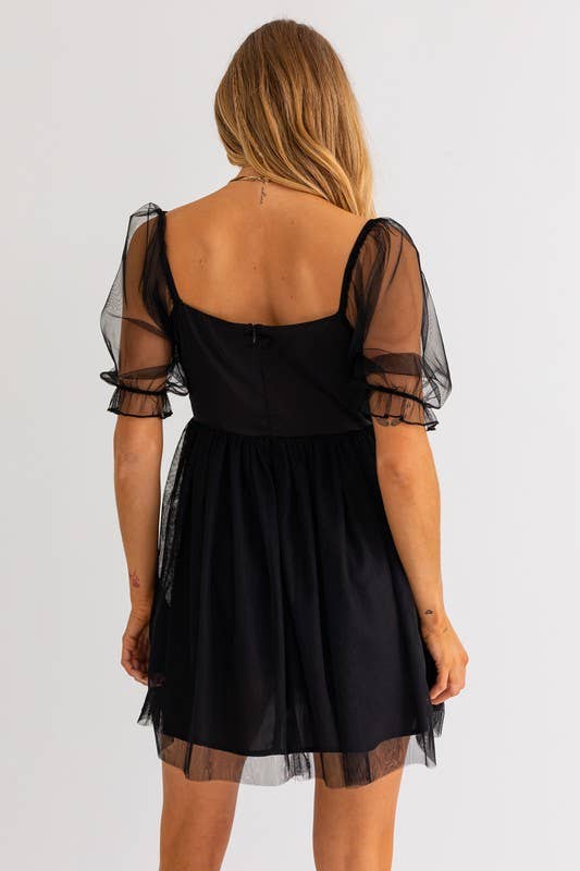 LL | 3/4 Sleeve Tulle Mesh Babydoll Mini Dress