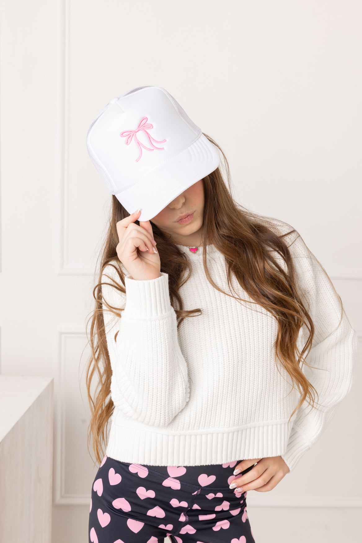 HH | White Pink Bow Trucker Hat Embroidery