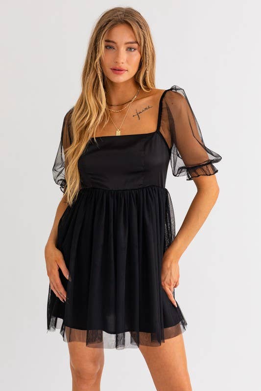 LL | 3/4 Sleeve Tulle Mesh Babydoll Mini Dress