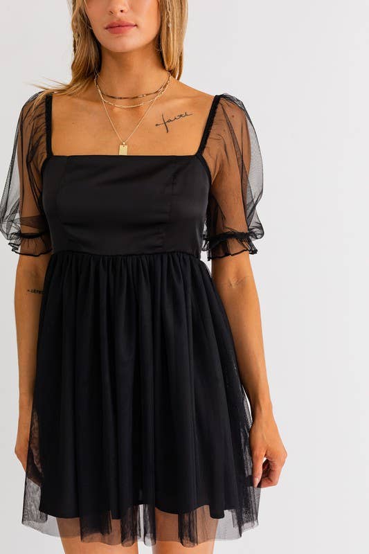 LL | 3/4 Sleeve Tulle Mesh Babydoll Mini Dress