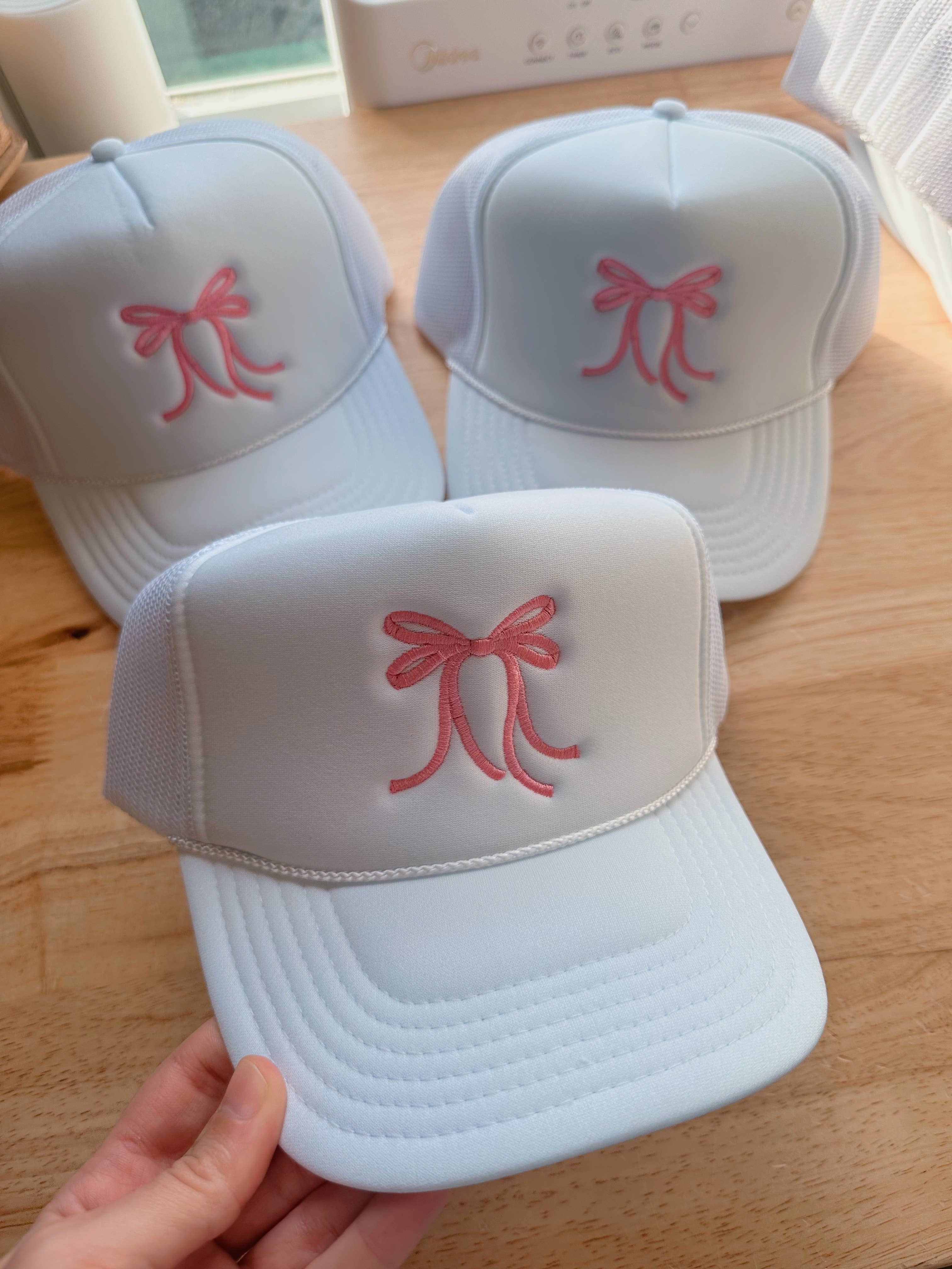 HH | White Pink Bow Trucker Hat Embroidery