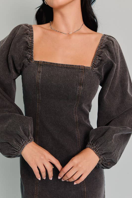 LL | Square Neck Long Sleeve Denim Dress