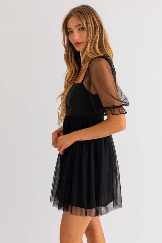 LL | 3/4 Sleeve Tulle Mesh Babydoll Mini Dress