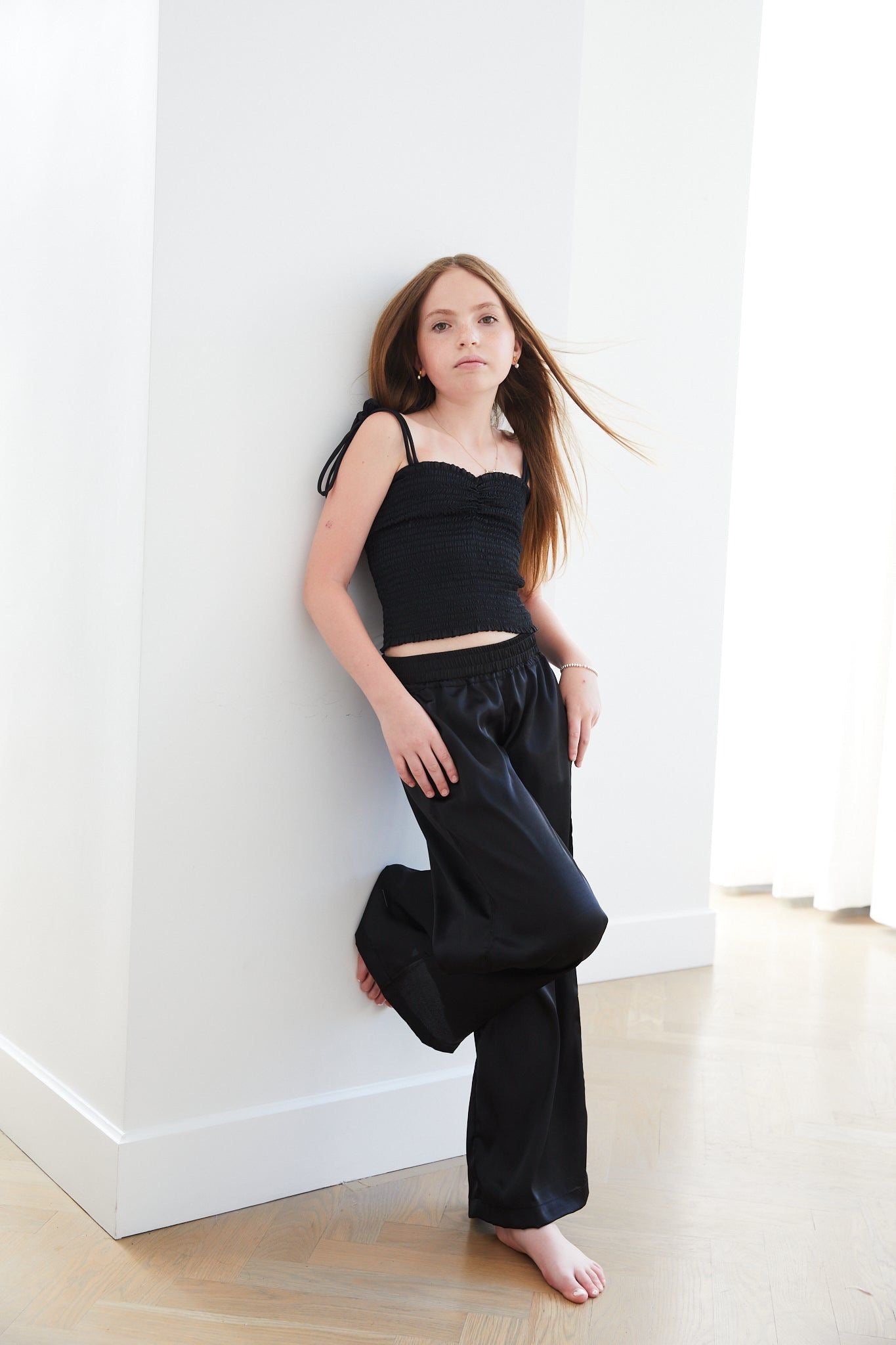 TH | Georgia Black Satin Smocked Top