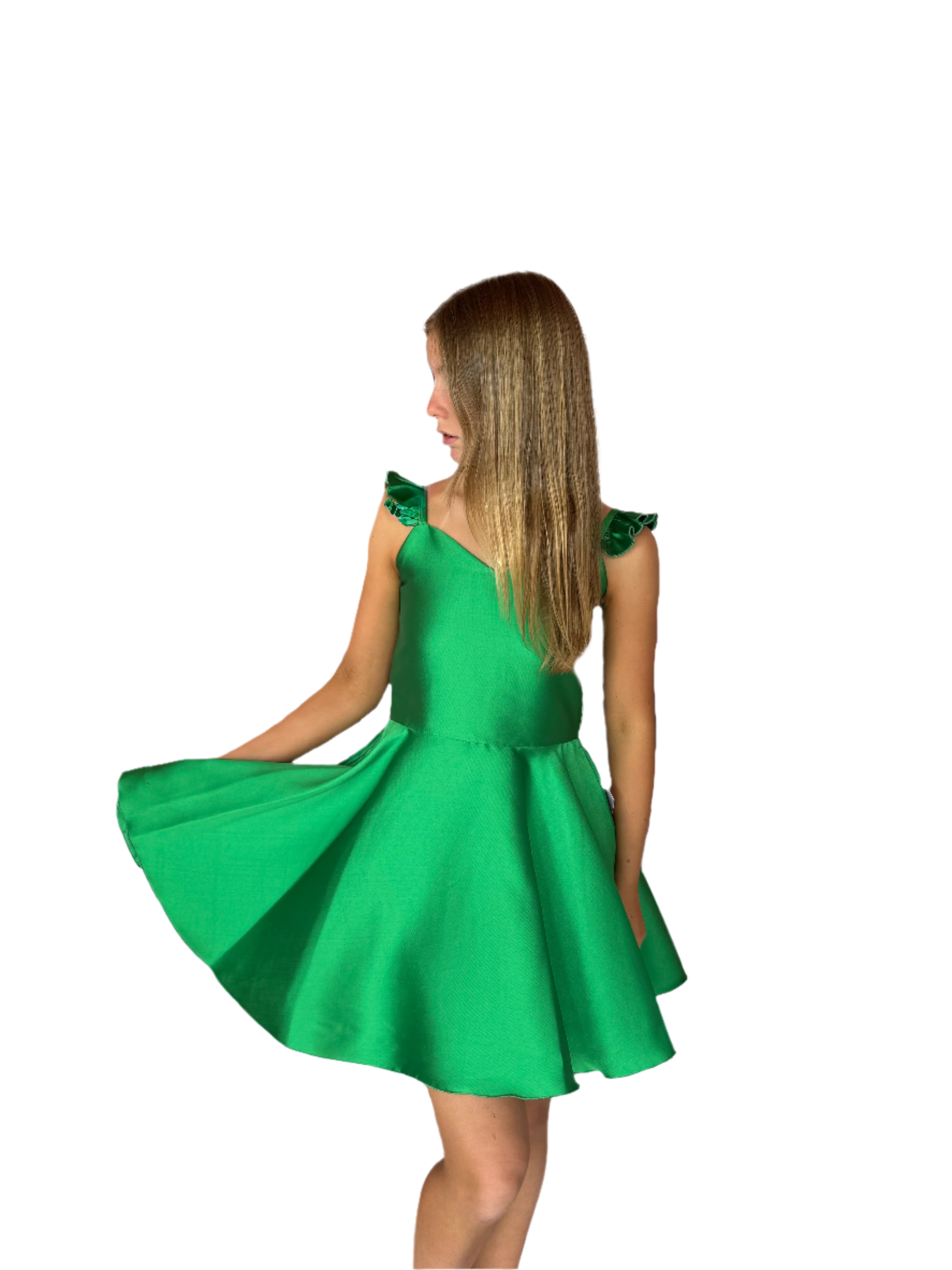 Tween party dress in hunter green satin
