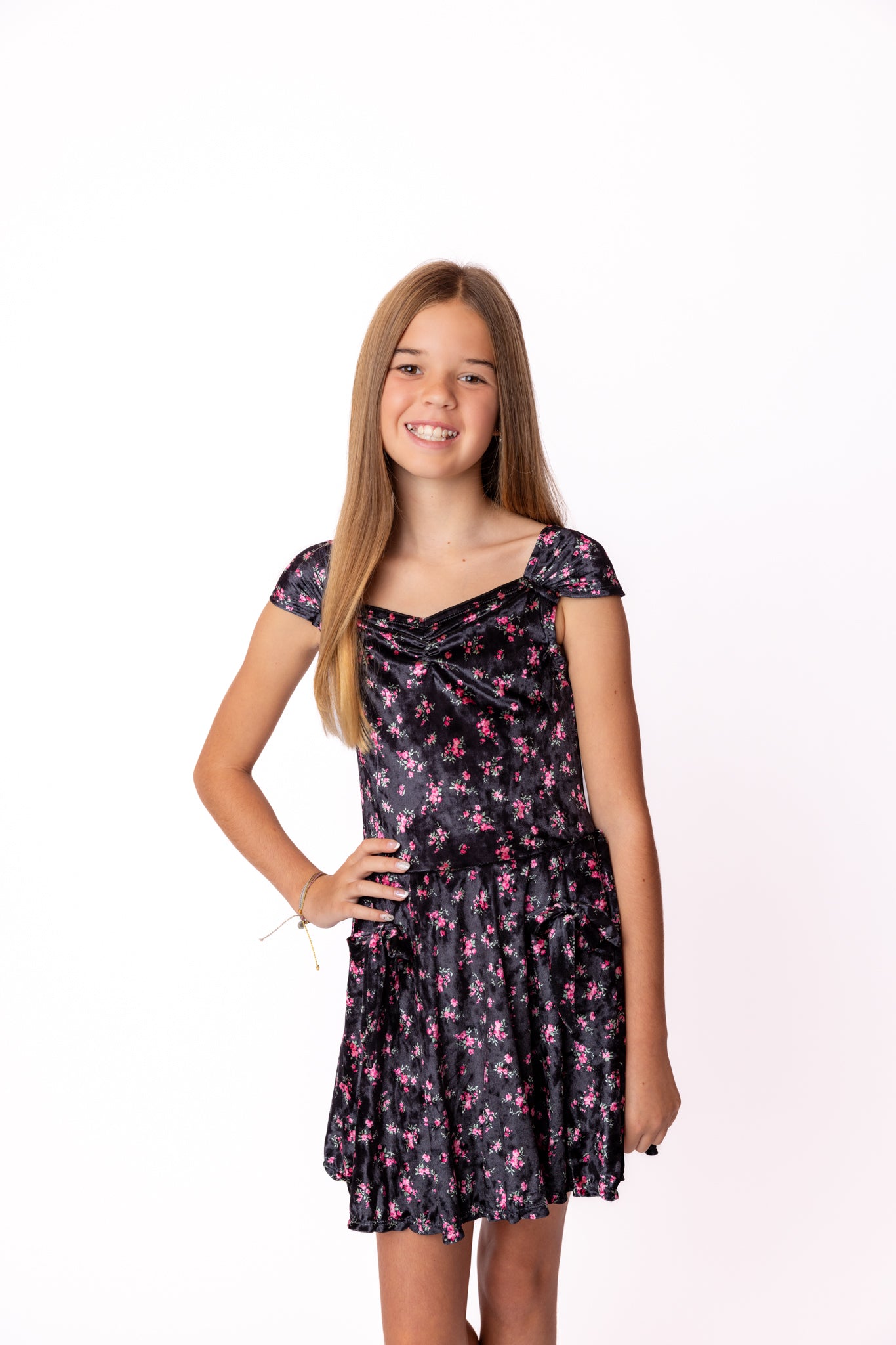 FBZ | Black Pink Flower Velvet Dress