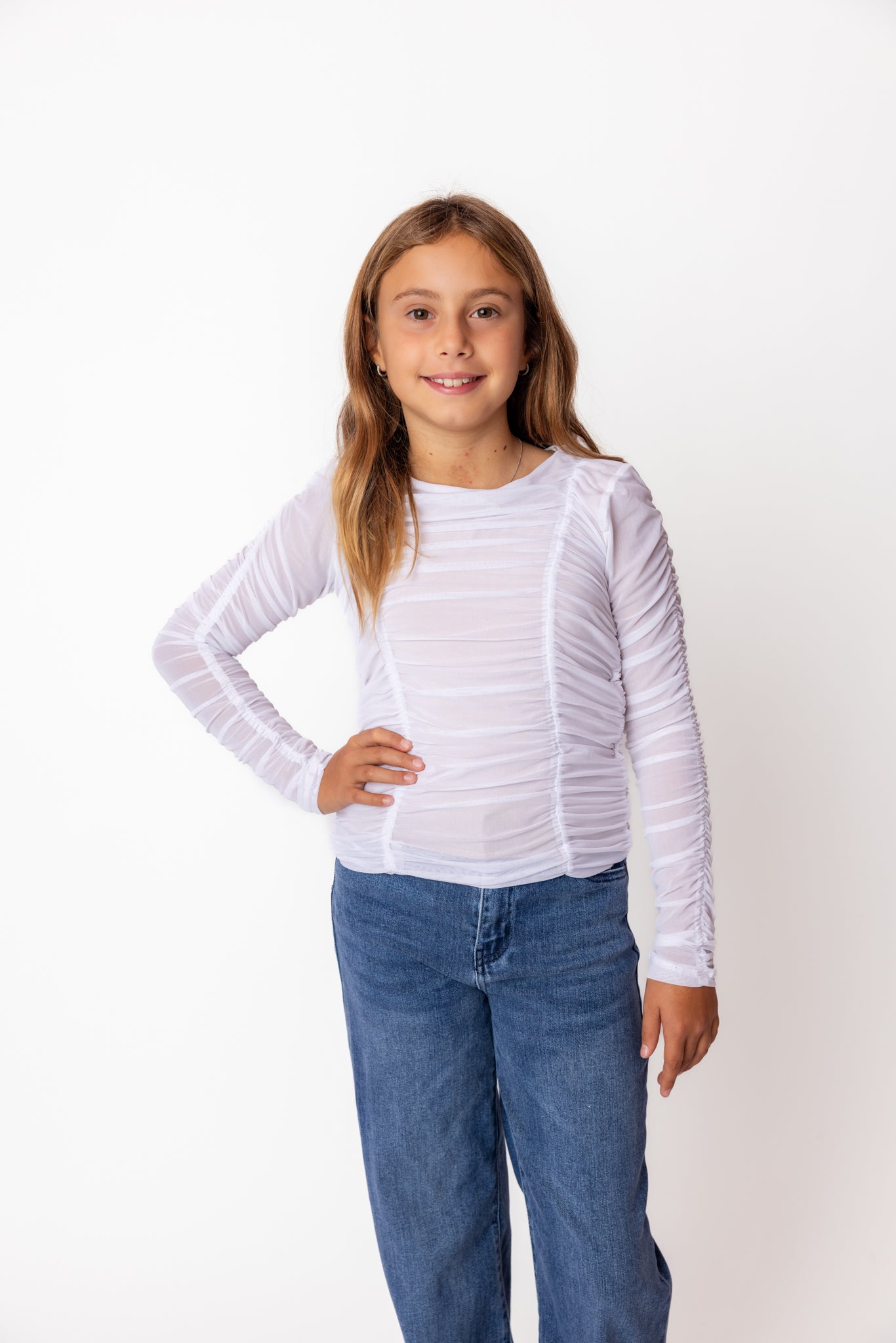 IS | White Long Sleeve Mesh Gather Top