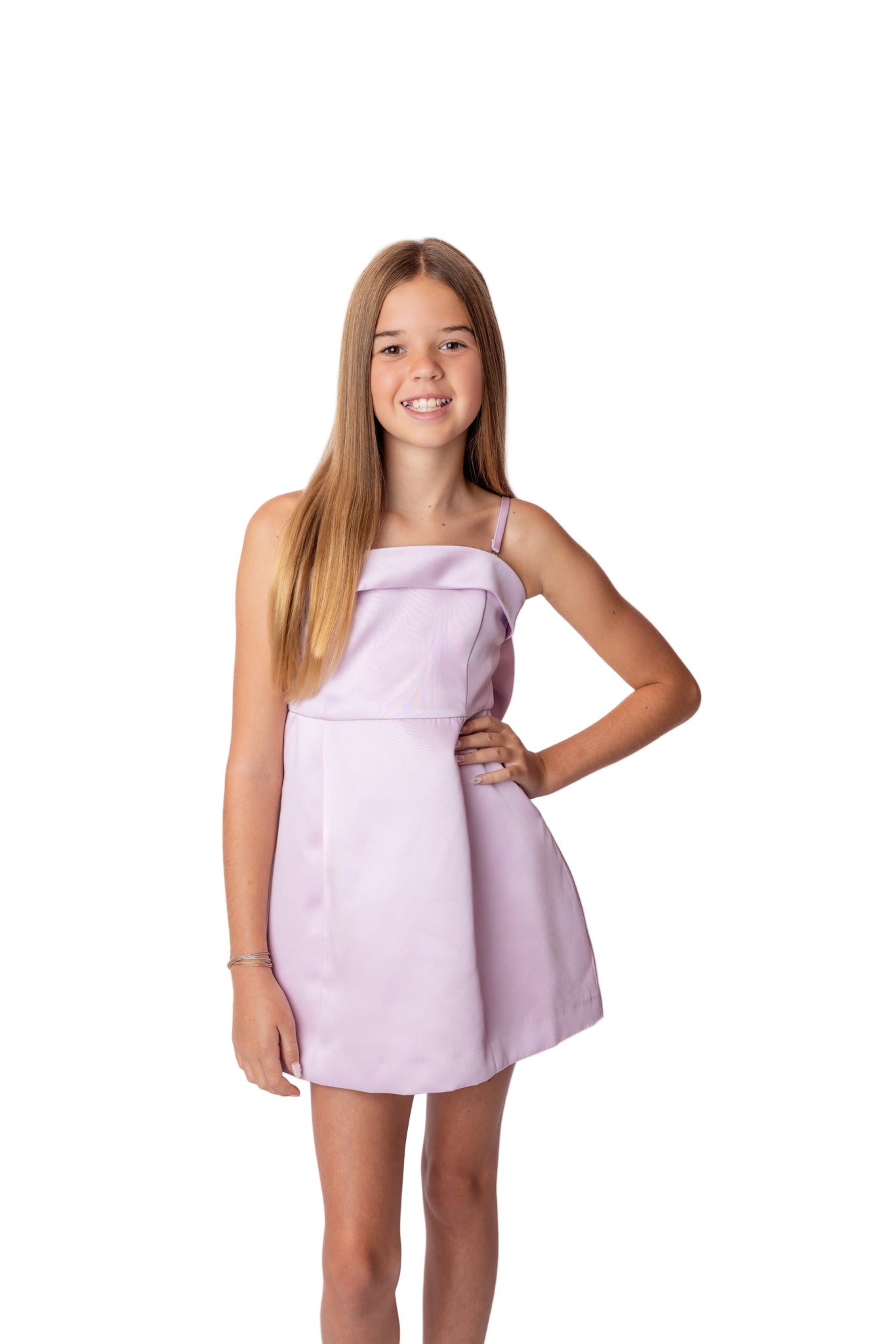 Young teen girl wearing a light purple party dress on a white background from katiej nyc sold at leypop shop newport beach