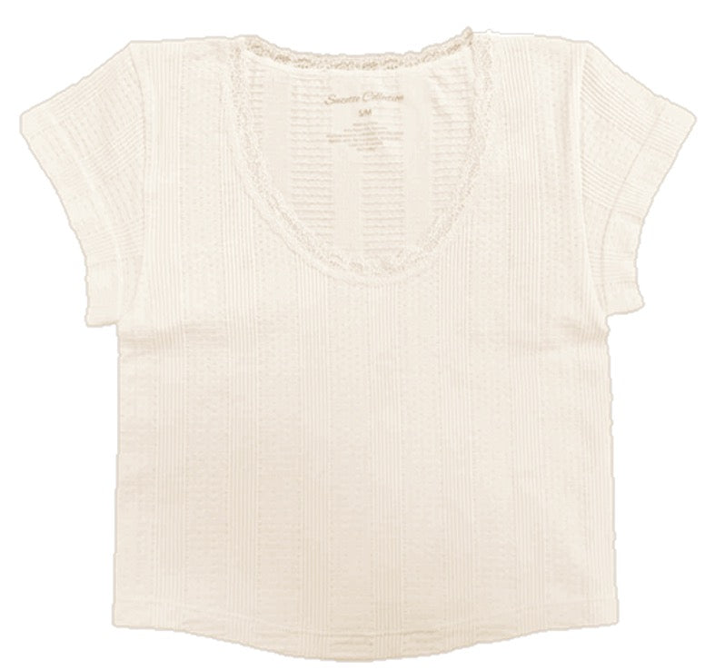 SC | Pointelle Rib Lace Cap Sleeve Top