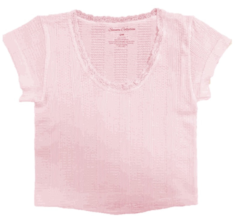 SC | Pointelle Rib Lace Cap Sleeve Top