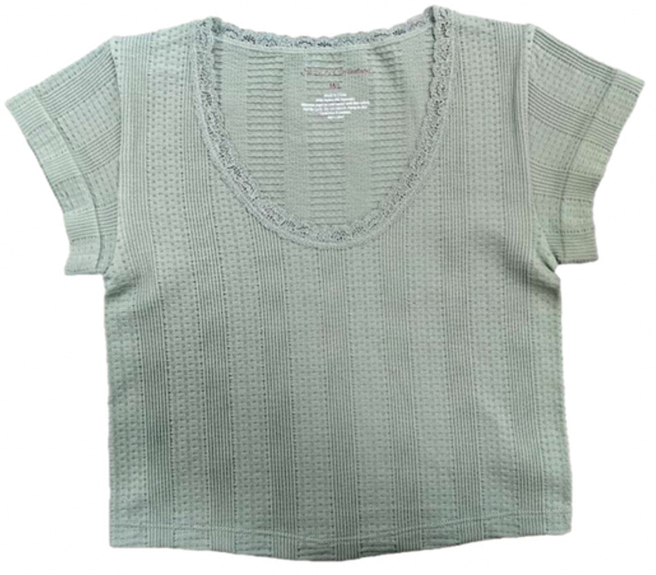 SC | Pointelle Rib Lace Cap Sleeve Top