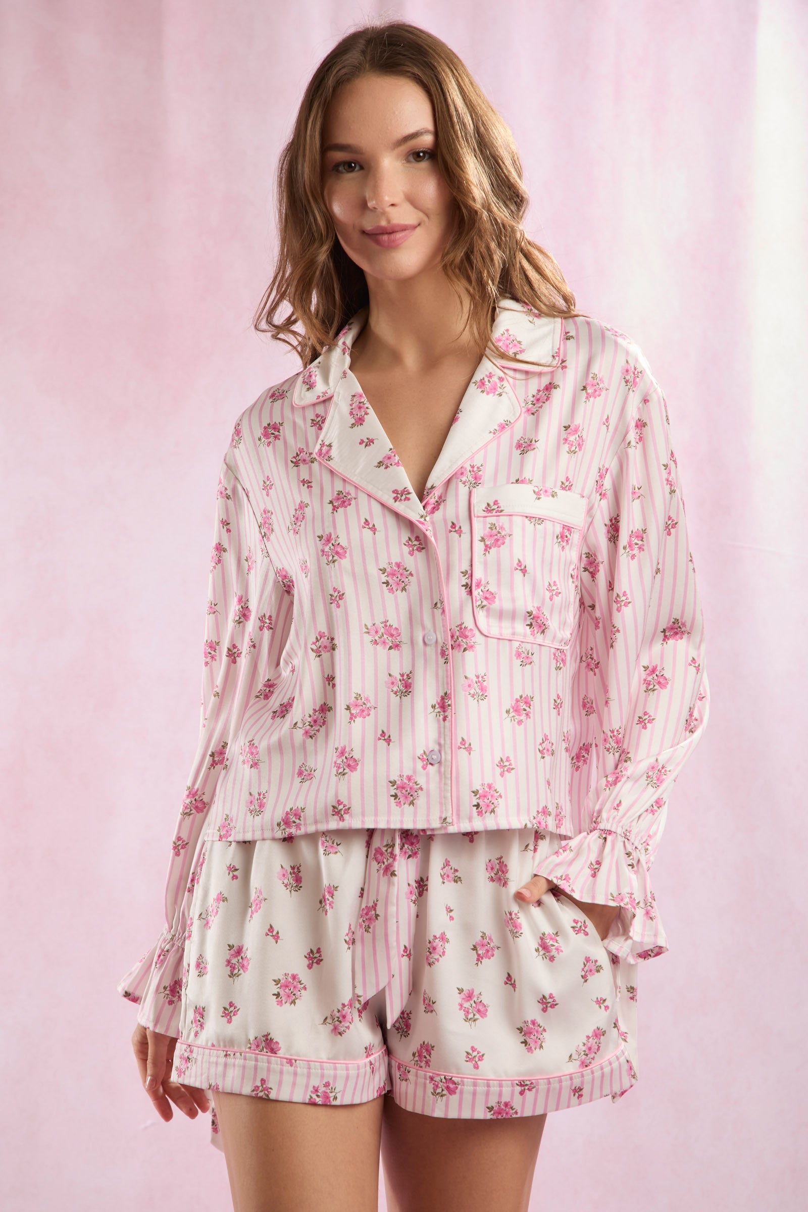 PL | Stripe Floral Satin Pajama Set