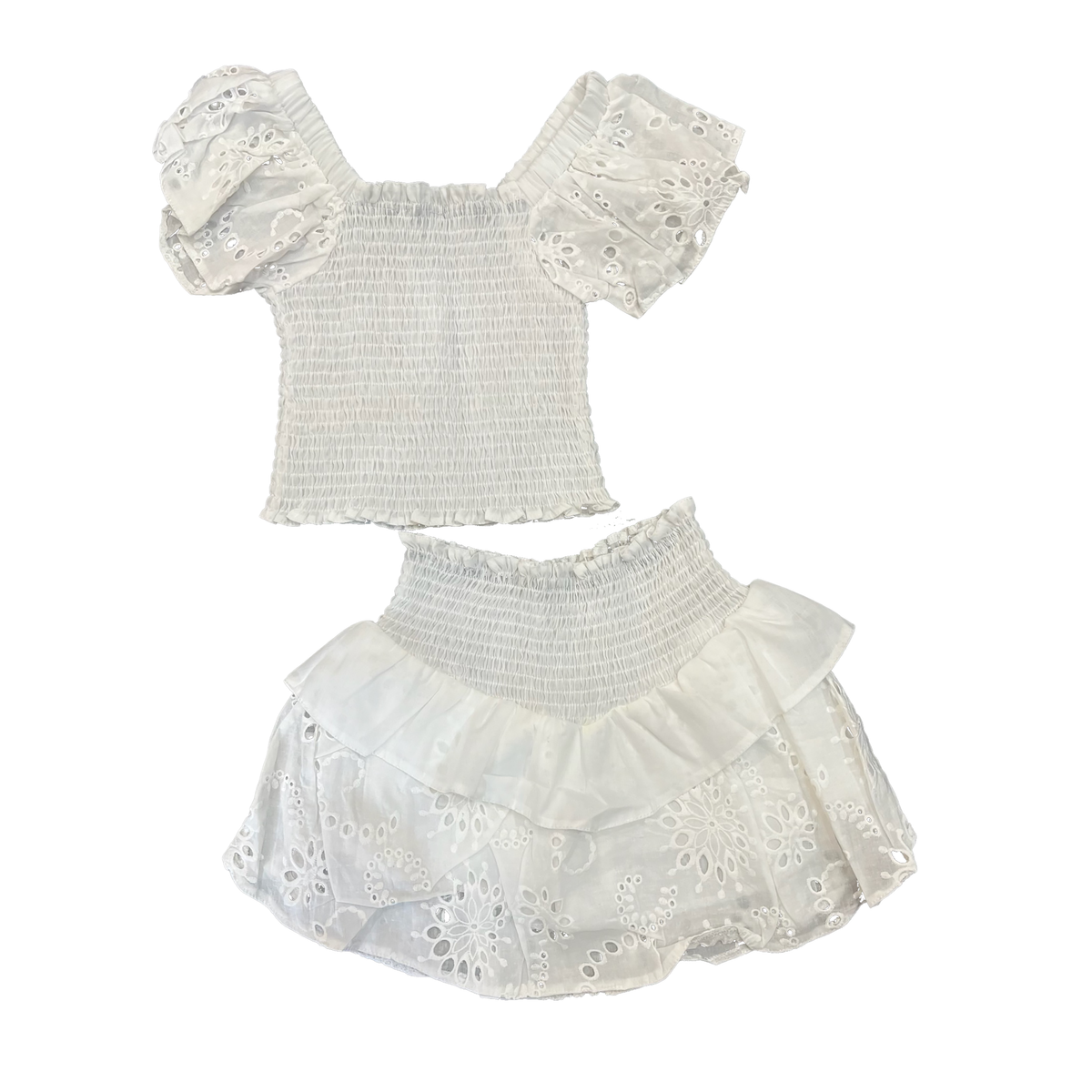 TS | Tween | Eyelet Flutter Sleeve Smocked Skirt Set