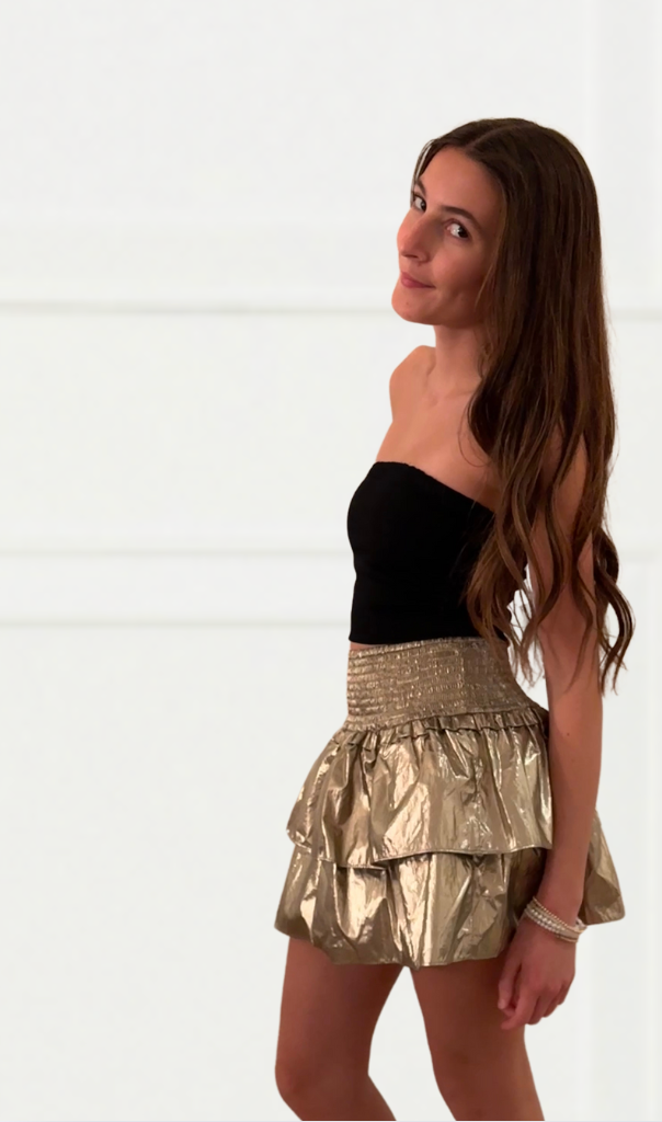 TH | Farrah Lame Gold Ruffle Mini Skirt