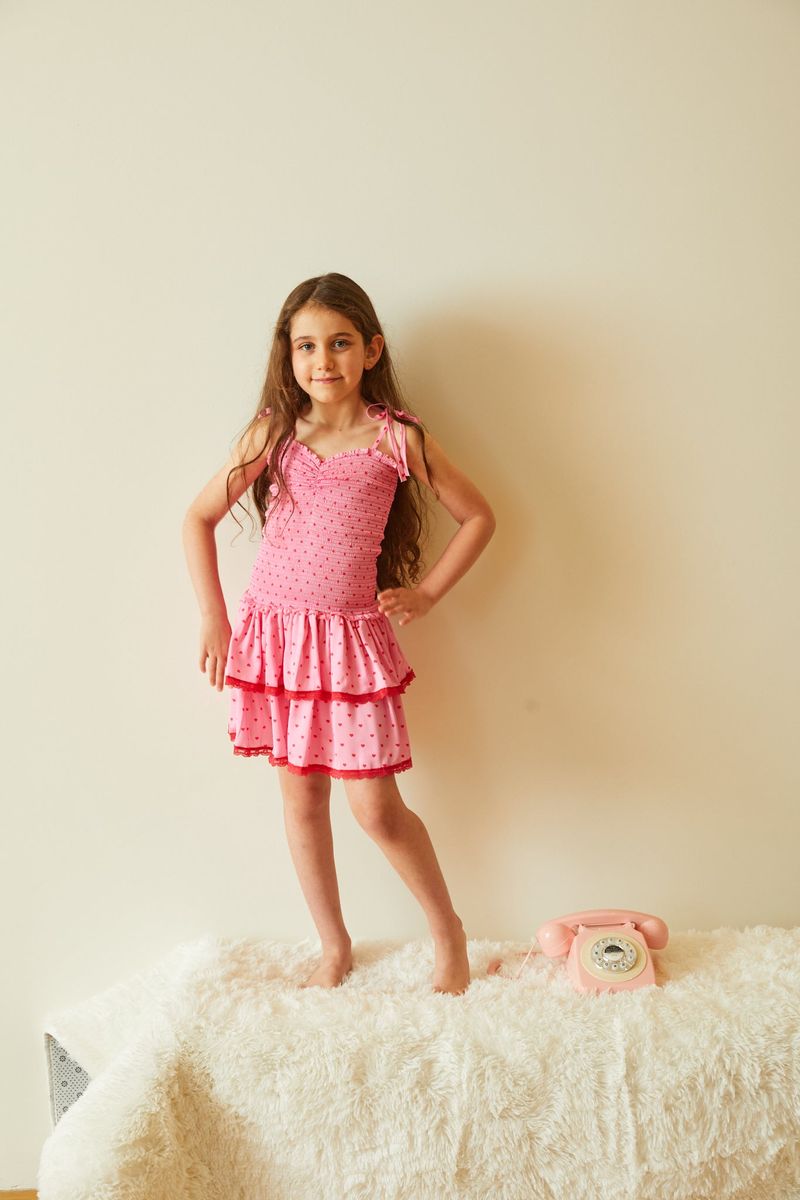TH | Lola Pink With Red Hearts Satin Smocked Ruffle Dress