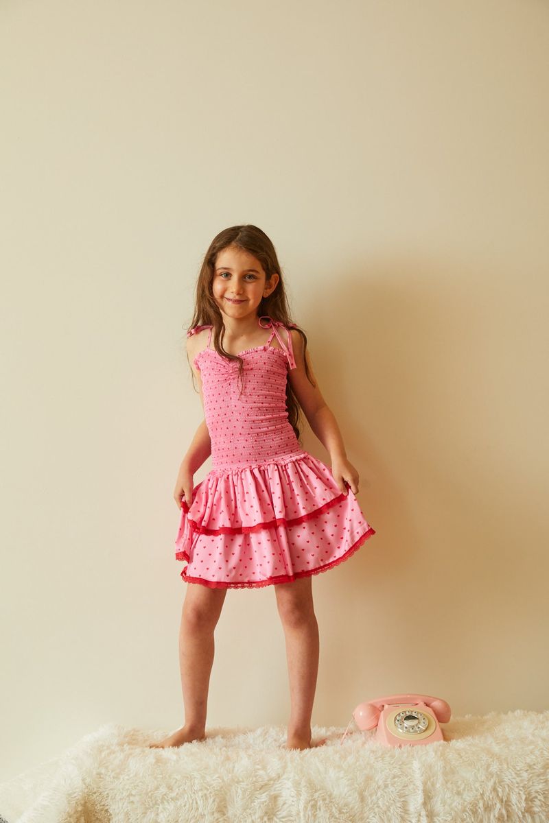 TH | Lola Pink With Red Hearts Satin Smocked Ruffle Dress
