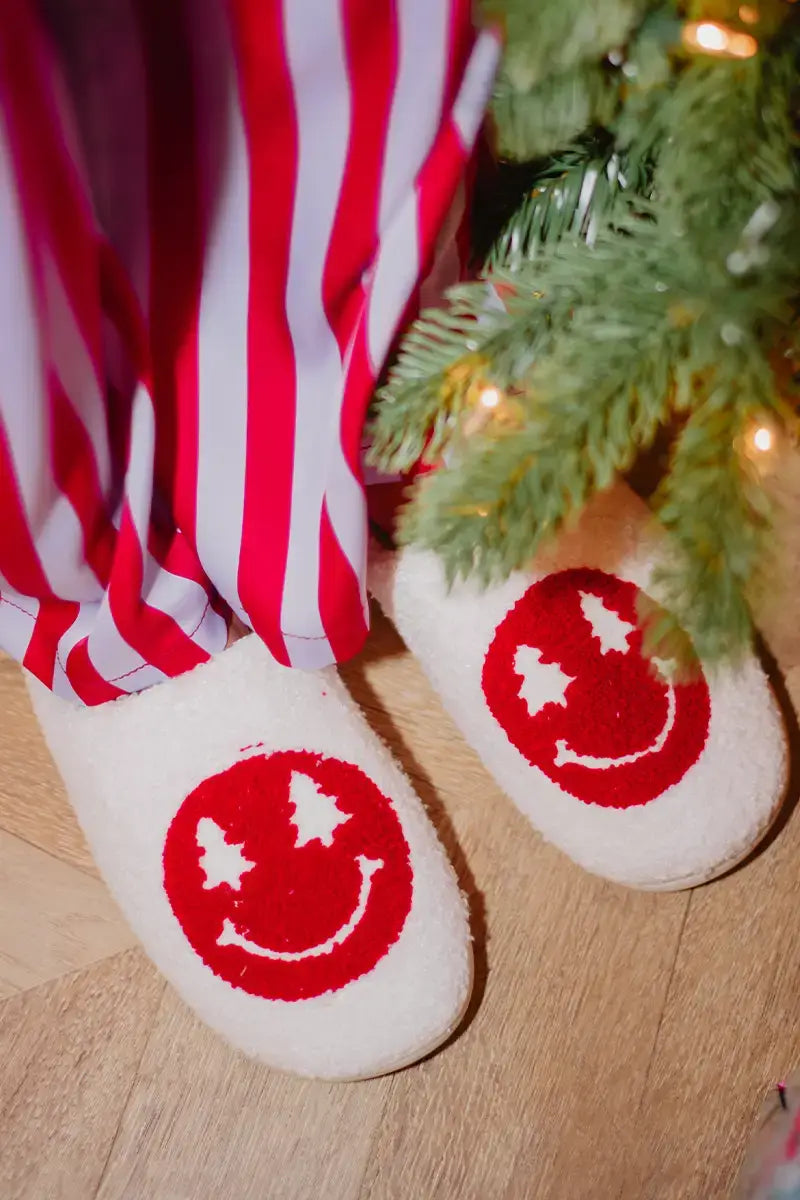 Red Christmas Tree Eyes Happy Face Slippers