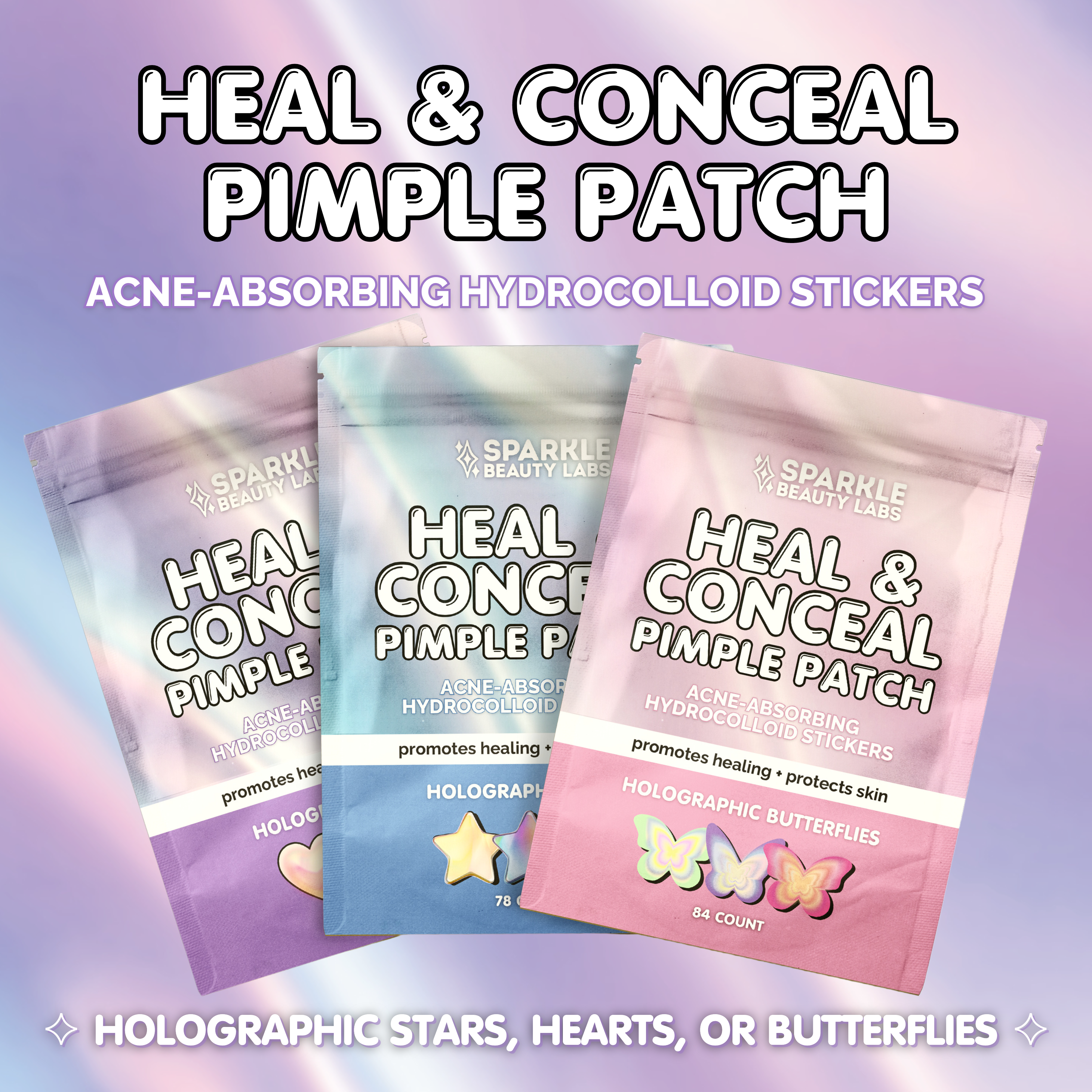 SBL | Heal & Conceal Pimple Patch 💜 Holographic Hearts (78 count)