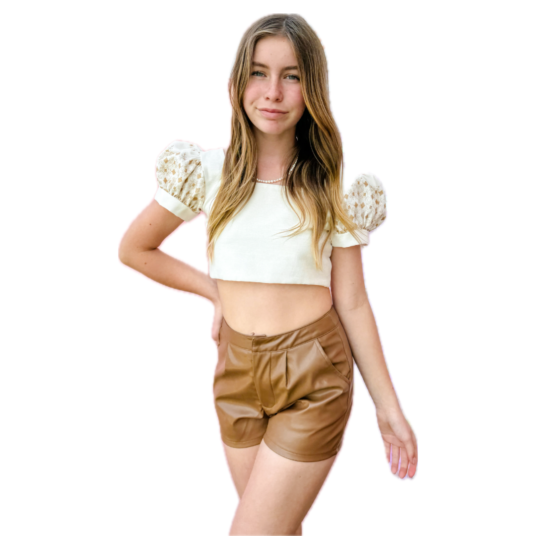 DK | Cream Puff Sleeve Linen Crop Top