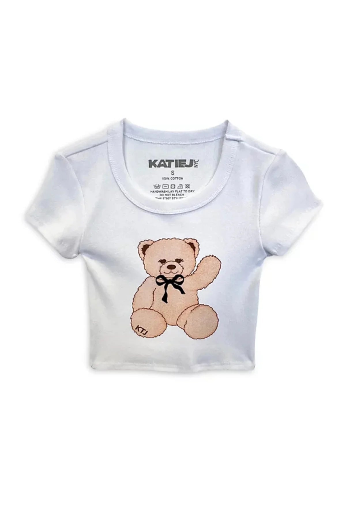 White crop top with teddy bear printed top for tweens and teens from KatieJ NYC sourced by Leypop Shop viral store in Newport Beach California online shop.