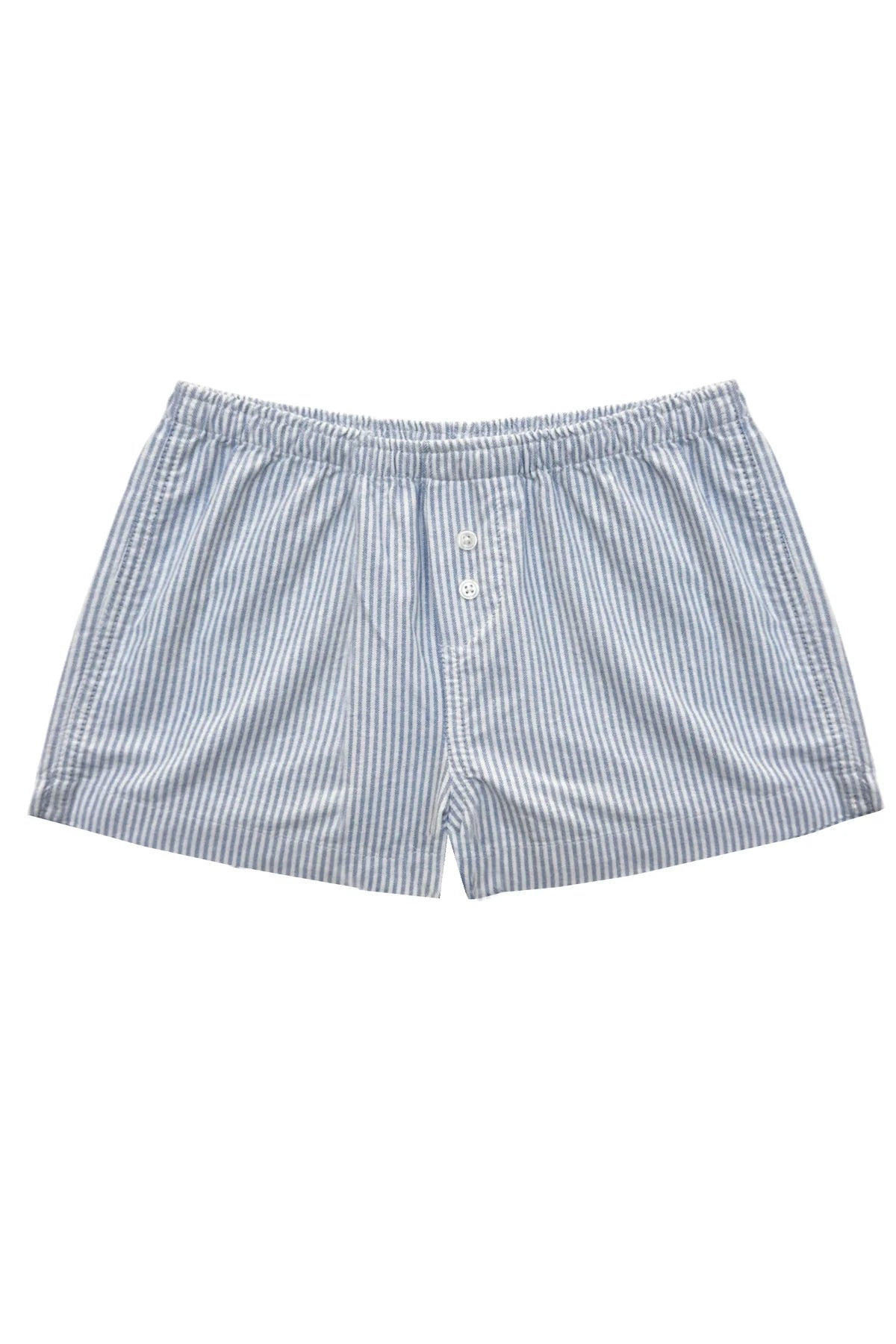Blue and white striped boxer shorts on a white background by KatieJ NYC for tweens and teens sourced by Leypop Shop Newport Beach California Viral tiktok store.