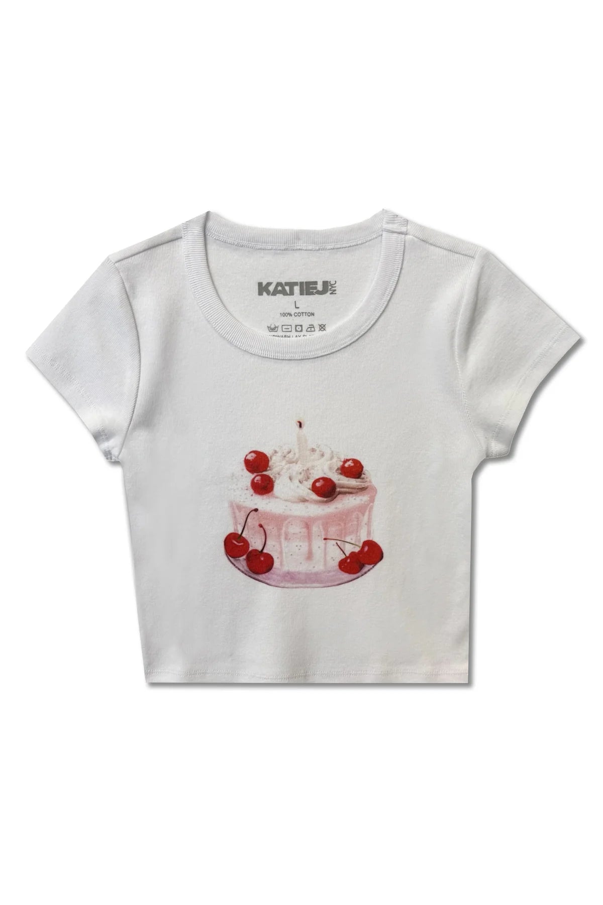 White crop top with a cake and cherry for tweens and teens from Leypop Shop Newport Beach viral instagram store for teens designed by KatieJ NYC