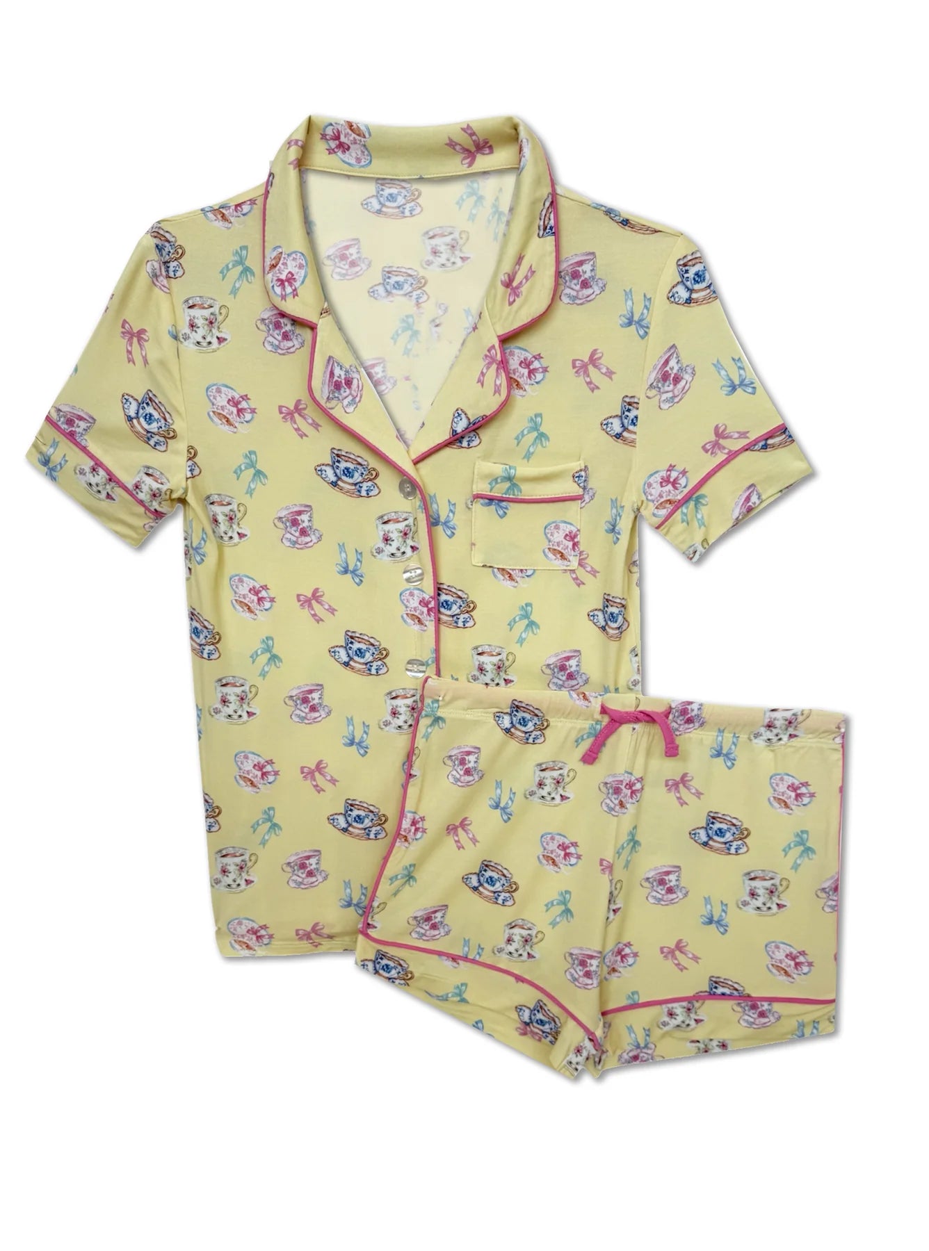 Yellow pajama set with floral pattern on a white background by KatieJ NYC found at Leypop Shop in Newport Beach