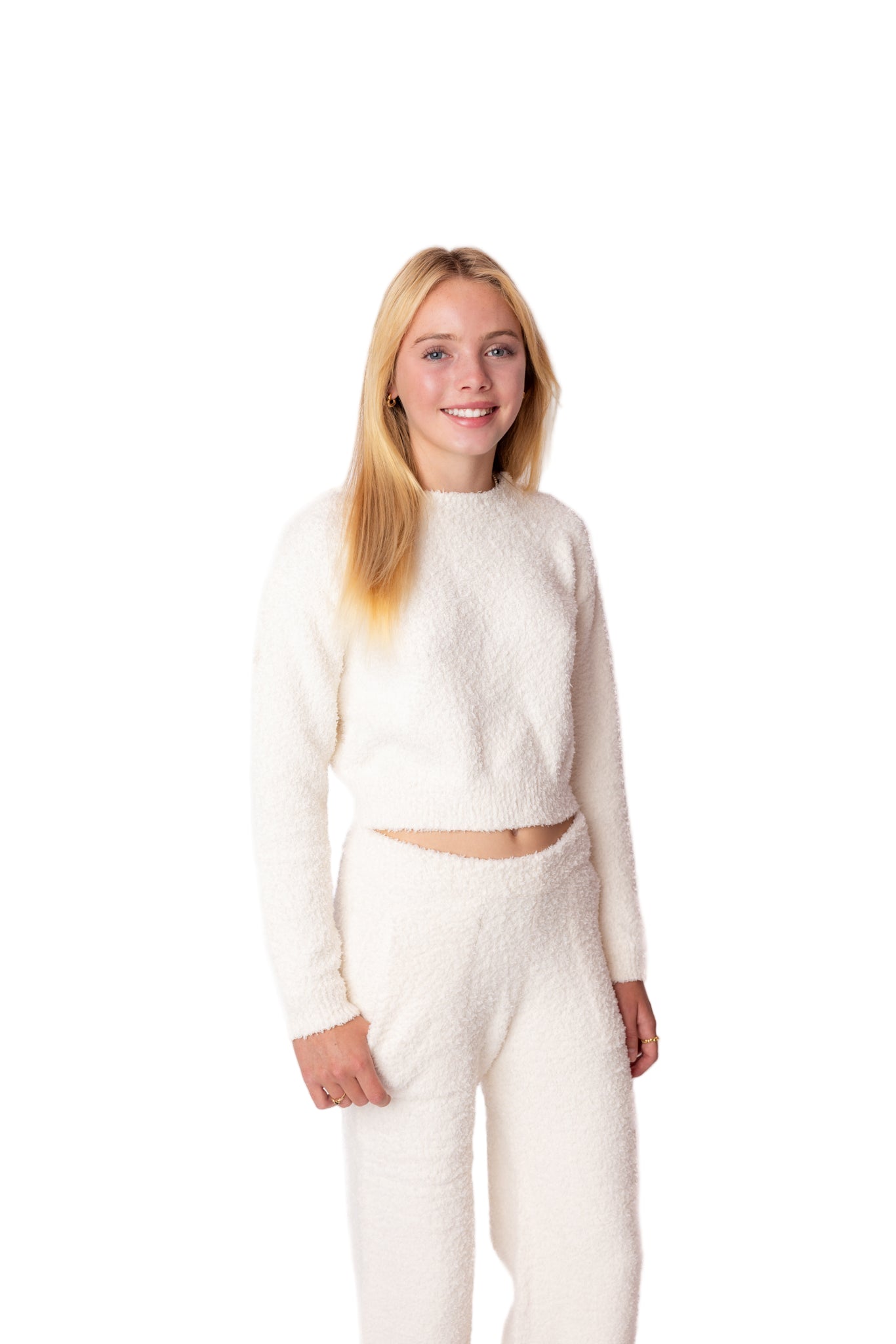 Teen girl wearing a white travel set on a white background from viral store for teens online store leypop shop