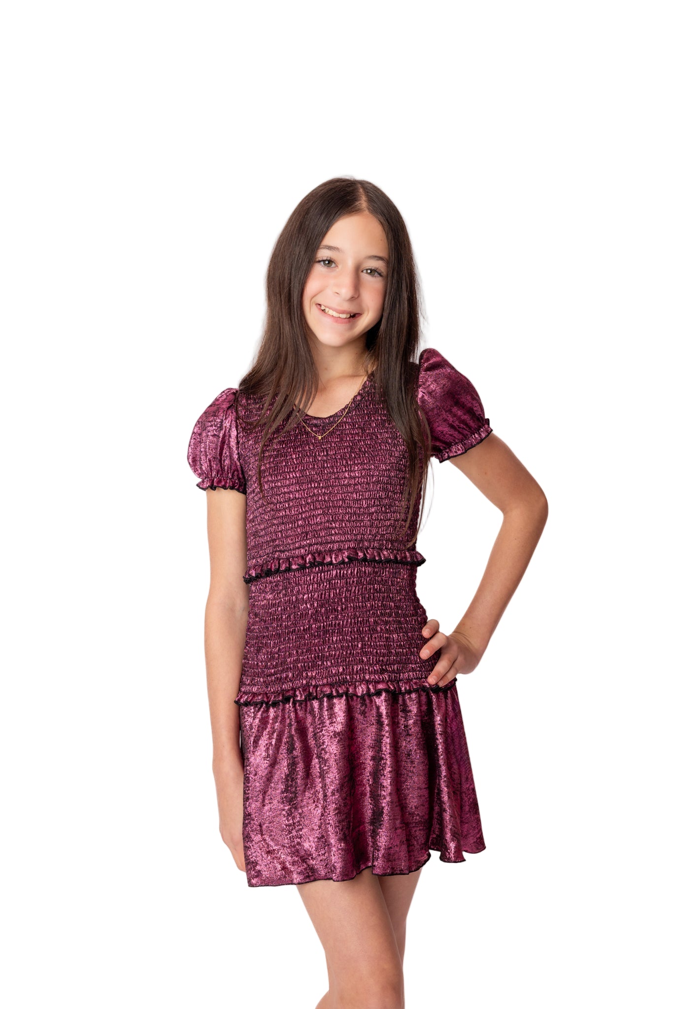 Young girl wearing a maroon dress with puff sleeves on a white background from Leypop shoppe newport beach. Viral teen store.