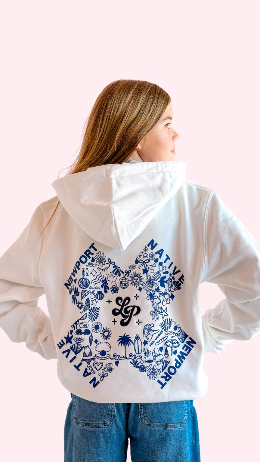 Newport Native Viral Hoodie for teen girls by Leypop Shoppe Newport Beach. NBJG, Rogers Gardens, Laventinas Pizza, Balboa Candy, Cappys, Blackies, The Wedge