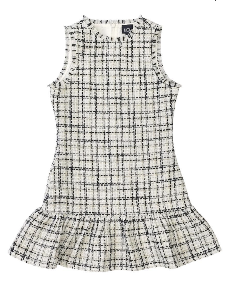 LO | Tween | Black, White & Gold Tweed Ruffle Dress